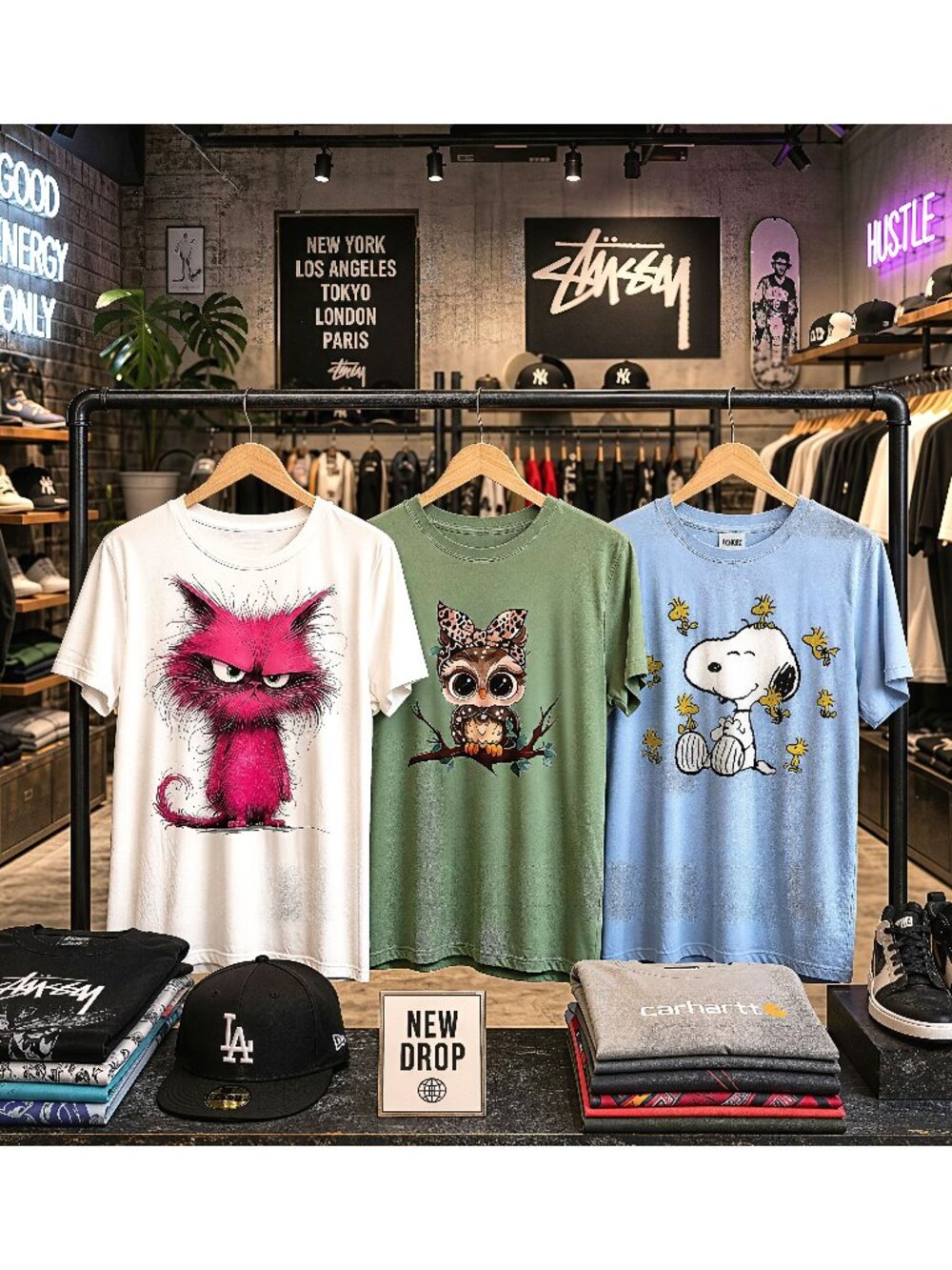 Set of 3 Graphic T-Shirts Snoopy Pink Kitty Owl SHEIN Small Medium